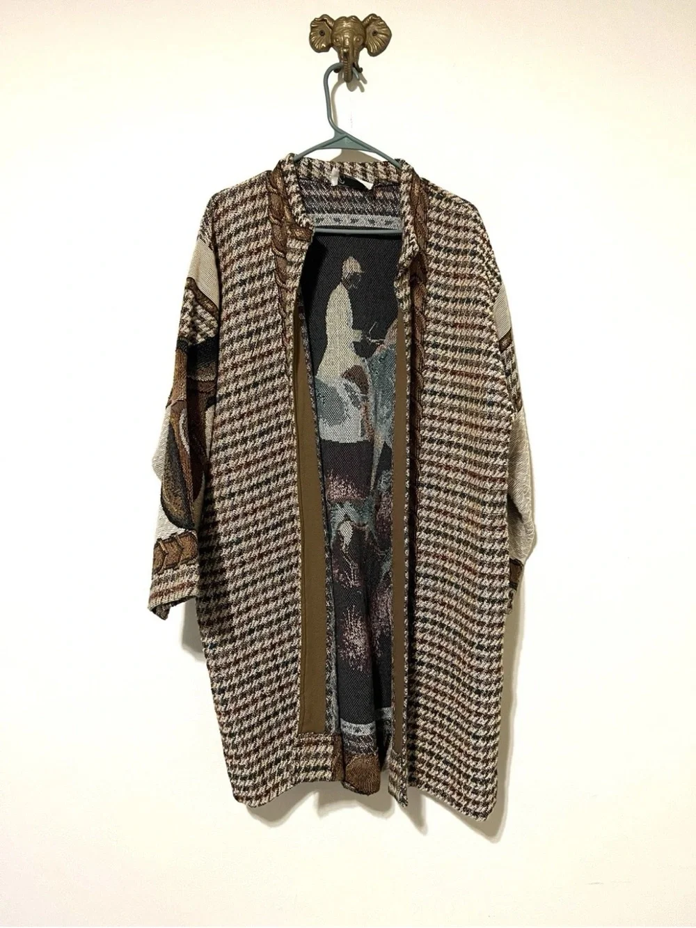 Vintage Tapestry Fox Hunt Horse Hound Scene Oversized Open Front Coat Vtg  J